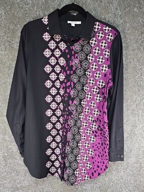 Chico's No Iron Medallion Stretch Tunic, Button Up, Purple Black White, Size 10